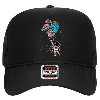 Astronaut Holding Planet Balloons Astronaut Space Spaceman Moon Mars High Crown Mesh Back Trucker Hat