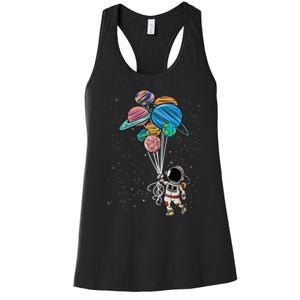 Astronaut Holding Planet Balloons Astronaut Space Spaceman Moon Mars Women's Racerback Tank