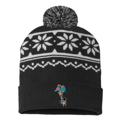 Astronaut Holding Planet Balloons Astronaut Space Spaceman Moon Mars USA-Made Snowflake Beanie