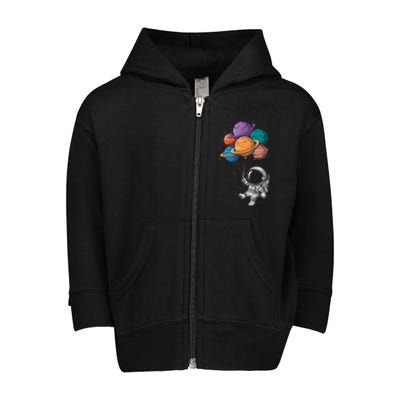 Astronaut Holding Planet Balloons Floating In Space Toddler Zip Fleece Hoodie