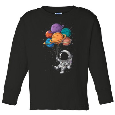 Astronaut Holding Planet Balloons Floating In Space Toddler Long Sleeve Shirt