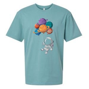 Astronaut Holding Planet Balloons Floating In Space Sueded Cloud Jersey T-Shirt