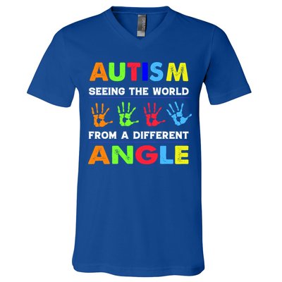 Autism Hand Prints Seeing The World From A Different Angle V-Neck T-Shirt