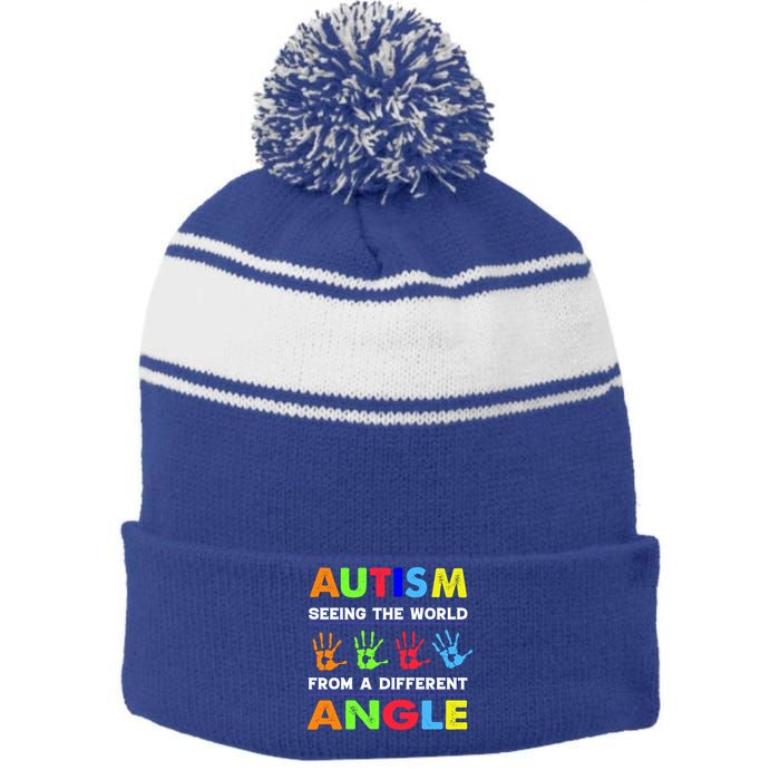 Autism Hand Prints Seeing The World From A Different Angle Stripe Pom Pom Beanie