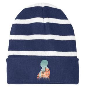 Alfred Hitchcocks Rear Window Illustration Striped Beanie with Solid Band