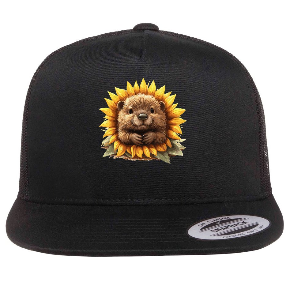 Adorable Hedgehog Sunflower Fusion Flat Bill Trucker Hat
