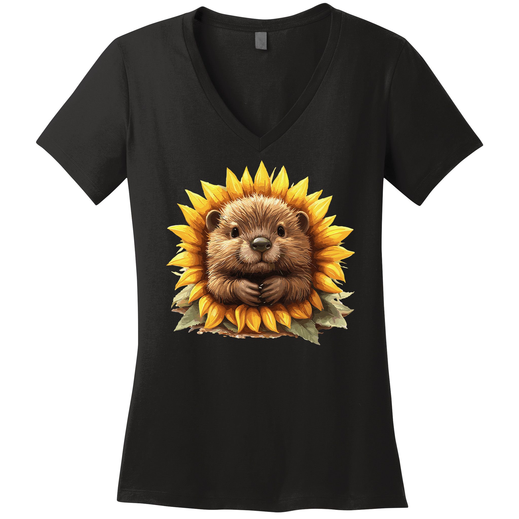 Adorable Hedgehog Sunflower Fusion Women's V-Neck T-Shirt