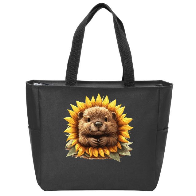Adorable Hedgehog Sunflower Fusion Zip Tote Bag