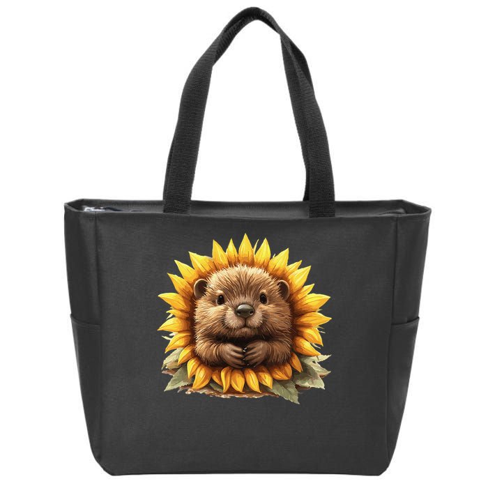 Adorable Hedgehog Sunflower Fusion Zip Tote Bag