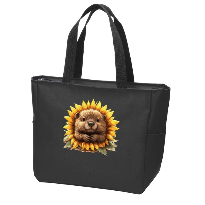 Adorable Hedgehog Sunflower Fusion Zip Tote Bag