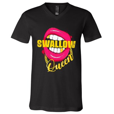 Adult Humor Swallow Queen Lips Golden Necklace Naughty Queen V-Neck T-Shirt