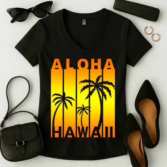 Aloha Hawaii Sunset Palm Trees Women's V-Neck T-Shirt