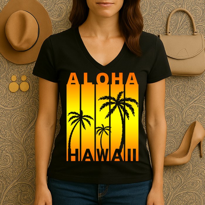 Aloha Hawaii Sunset Palm Trees Women's V-Neck T-Shirt