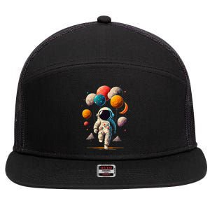 Astronaut Holding Solar System Planets Balloons in Space 7 Panel Mesh Trucker Snapback Hat