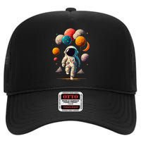 Astronaut Holding Solar System Planets Balloons in Space High Crown Mesh Back Trucker Hat