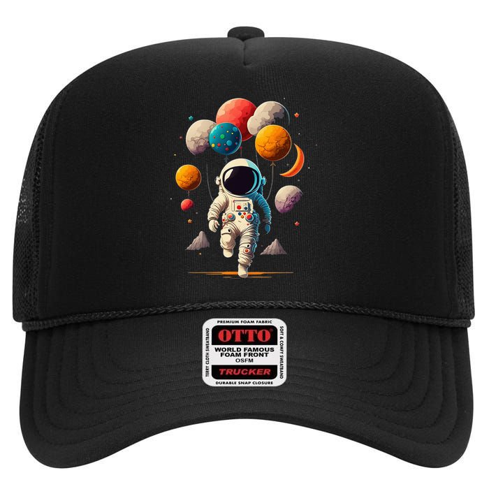 Astronaut Holding Solar System Planets Balloons in Space High Crown Mesh Back Trucker Hat