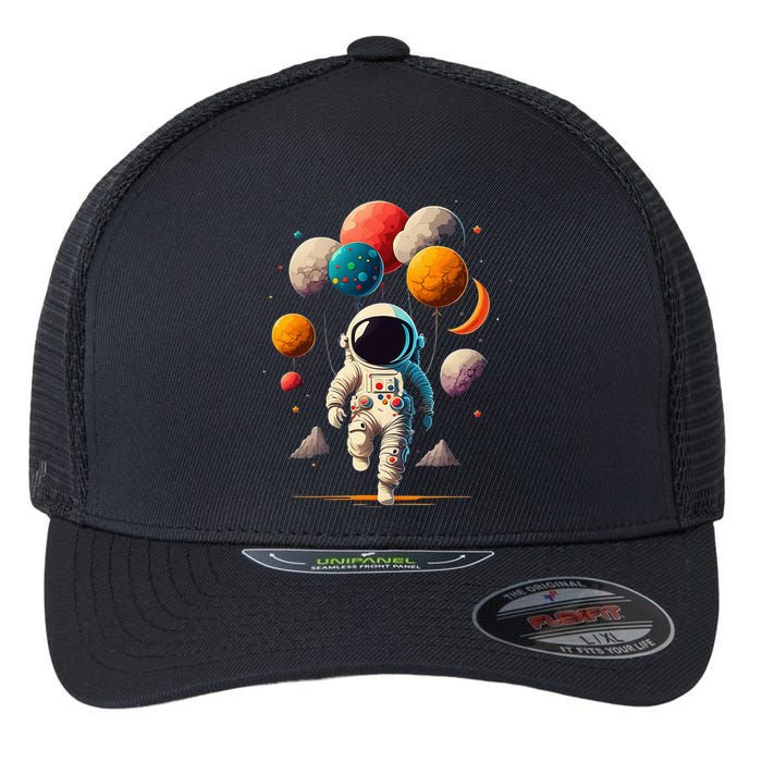 Astronaut Holding Solar System Planets Balloons in Space Flexfit Unipanel Trucker Cap