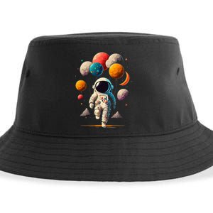 Astronaut Holding Solar System Planets Balloons in Space Sustainable Bucket Hat