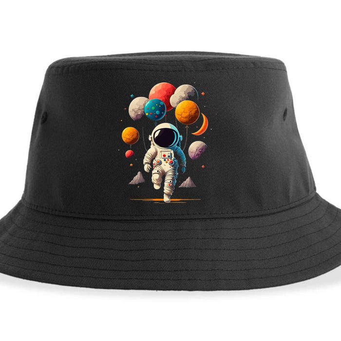 Astronaut Holding Solar System Planets Balloons in Space Sustainable Bucket Hat