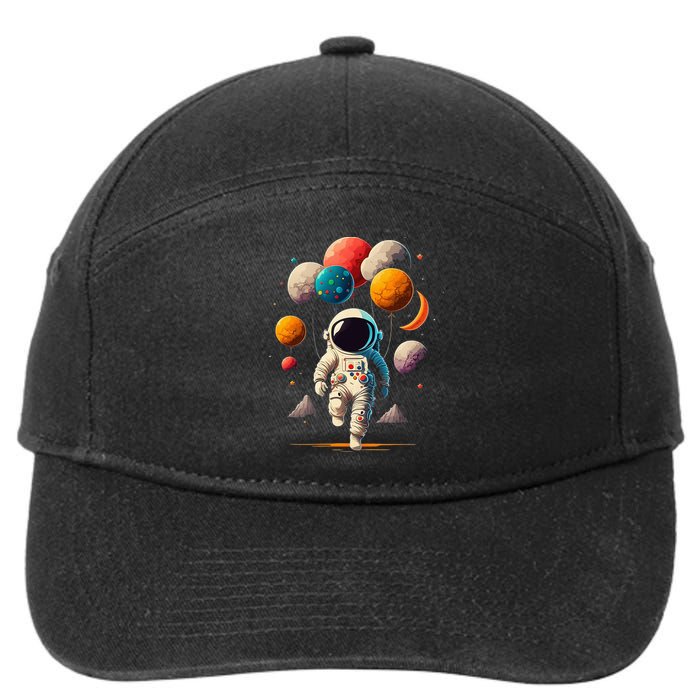 Astronaut Holding Solar System Planets Balloons in Space 7-Panel Snapback Hat