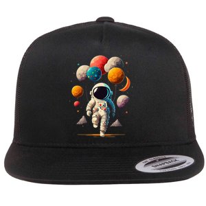 Astronaut Holding Solar System Planets Balloons in Space Flat Bill Trucker Hat