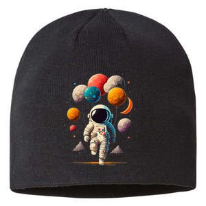 Astronaut Holding Solar System Planets Balloons in Space Sustainable Beanie