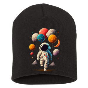 Astronaut Holding Solar System Planets Balloons in Space Short Acrylic Beanie