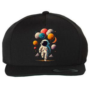 Astronaut Holding Solar System Planets Balloons in Space Wool Snapback Cap