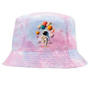 Astronaut Holding Solar System Planets Balloons in Space Tie-Dyed Bucket Hat