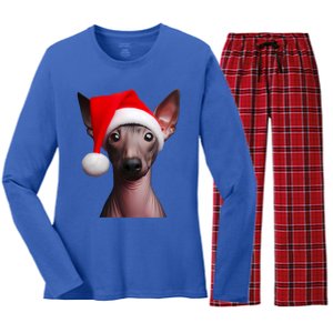 American Hairless Terrier With Santa Hat Christmas Dog Mom Meaningful Gift Women's Long Sleeve Flannel Pajama Set 