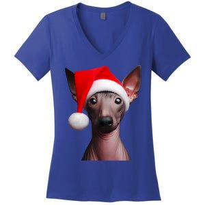 American Hairless Terrier With Santa Hat Christmas Dog Mom Meaningful Gift Women's V-Neck T-Shirt