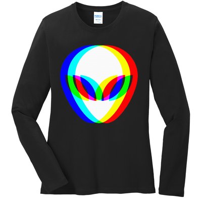 Alien Head Trippy Vaporwave Techno Rave Edm Music Festival Ladies Long Sleeve Shirt