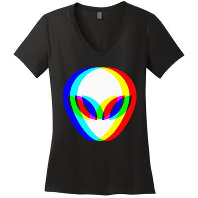 Alien Head Trippy Vaporwave Techno Rave Edm Music Festival Women's V-Neck T-Shirt