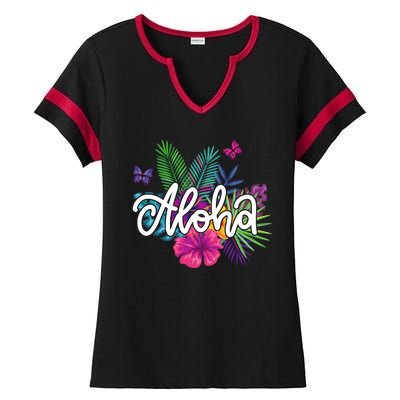 Aloha Hawaii Tropical Beach Ladies Halftime Notch Neck Tee