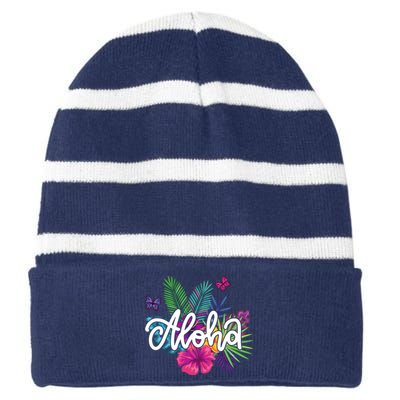 Aloha Hawaii Tropical Beach Striped Beanie with Solid Band