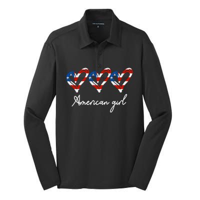 American Heart Us Flag 4th Of July America Patriotic Cool Gift Silk Touch Performance Long Sleeve Polo