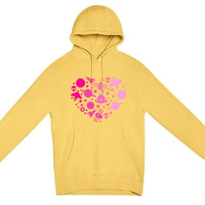 Alien Happy Valentines Day Heart Pink Rocket Ufo Gift Premium Pullover Hoodie