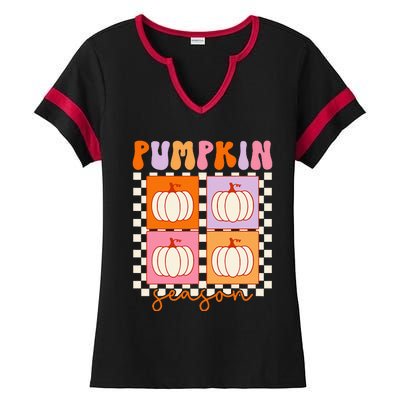 Autumn Harvest Vintage Plaid Pumpkin Season Ladies Halftime Notch Neck Tee