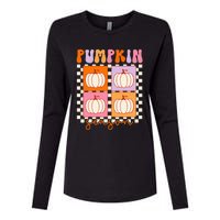 Autumn Harvest Vintage Plaid Pumpkin Season Womens Cotton Relaxed Long Sleeve T-Shirt