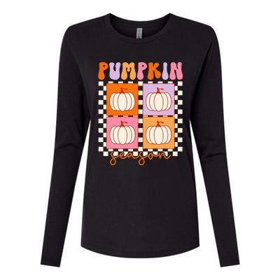 Autumn Harvest Vintage Plaid Pumpkin Season Womens Cotton Relaxed Long Sleeve T-Shirt