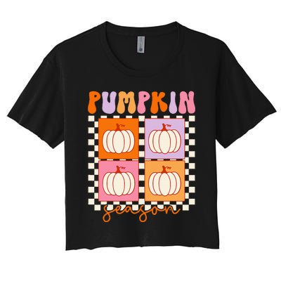 Autumn Harvest Vintage Plaid Pumpkin Season Women's Crop Top Tee