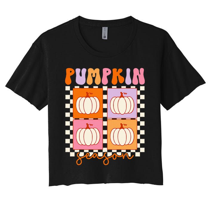 Autumn Harvest Vintage Plaid Pumpkin Season Women's Crop Top Tee