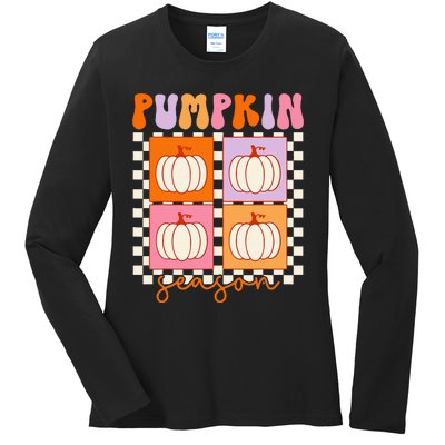 Autumn Harvest Vintage Plaid Pumpkin Season Ladies Long Sleeve Shirt