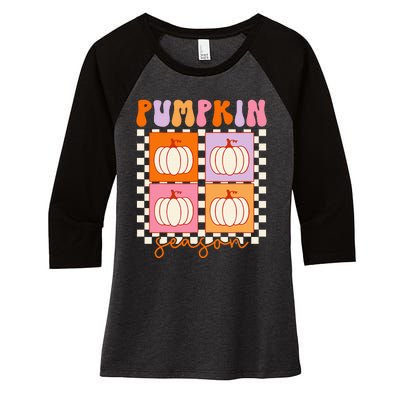 Autumn Harvest Vintage Plaid Pumpkin Season Women's Tri-Blend 3/4-Sleeve Raglan Shirt