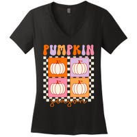 Autumn Harvest Vintage Plaid Pumpkin Season Women's V-Neck T-Shirt