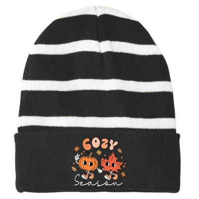 Autumn Harvest Vintage Vibes Retro Pumpkin Farming Striped Beanie with Solid Band