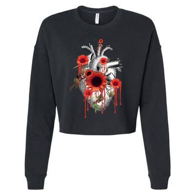 Anatomical Heart With Blood Sunflowers Botany Body Anatomy Gift Cropped Pullover Crew