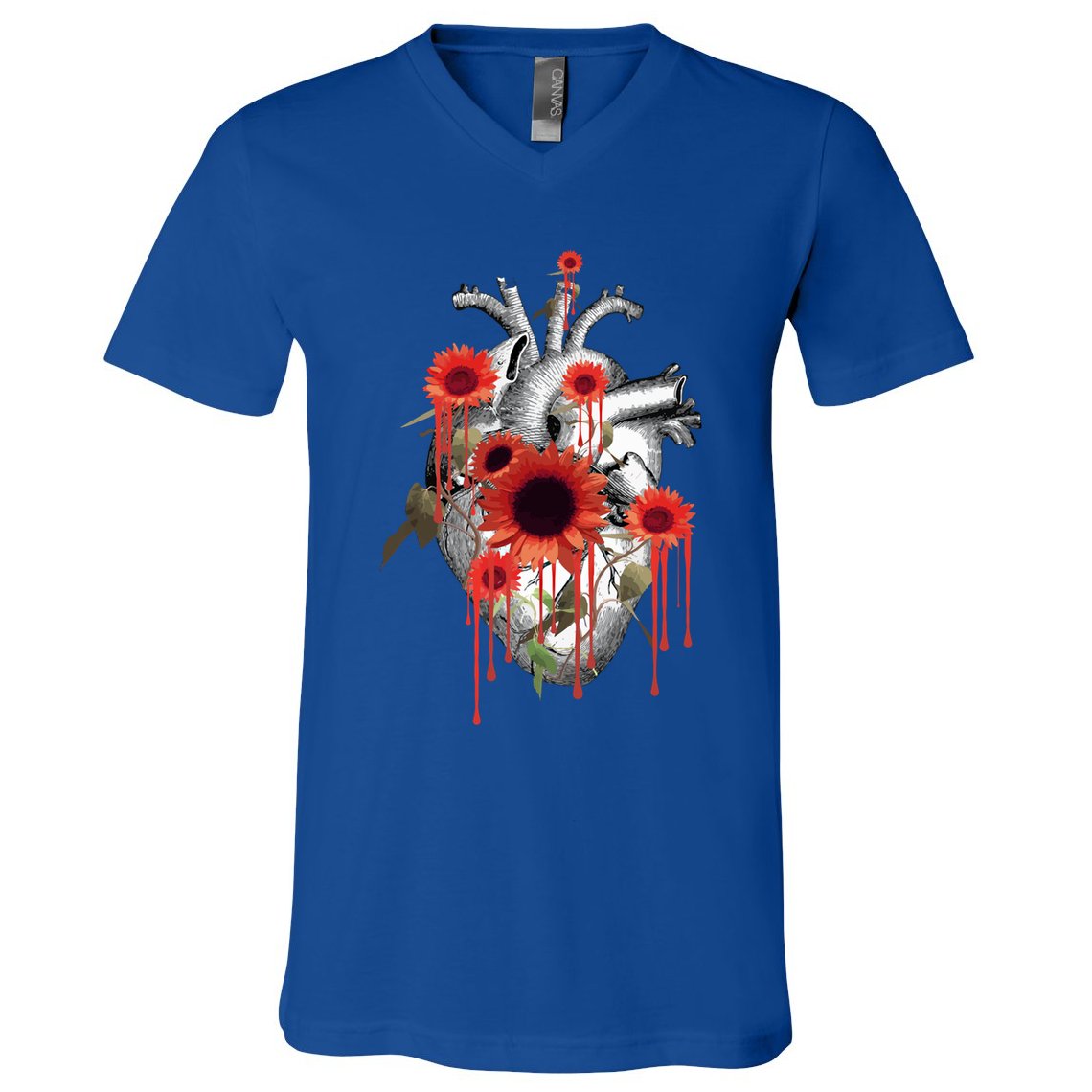Anatomical Heart With Blood Sunflowers Botany Body Anatomy Gift V-Neck T-Shirt
