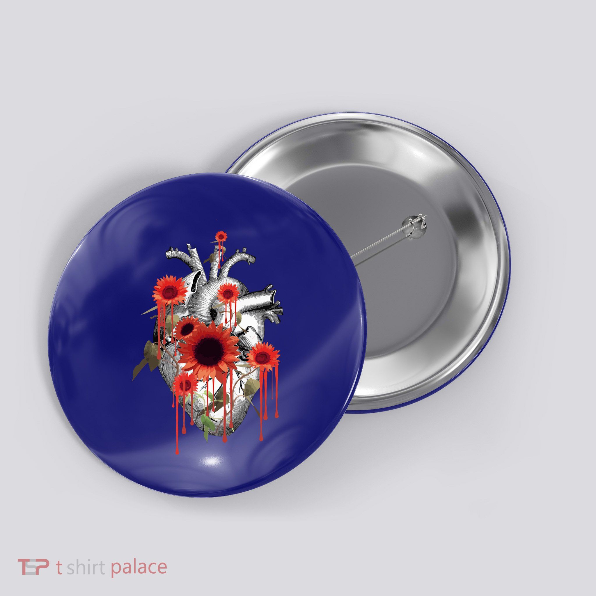 Anatomical Heart With Blood Sunflowers Botany Body Anatomy Gift Button