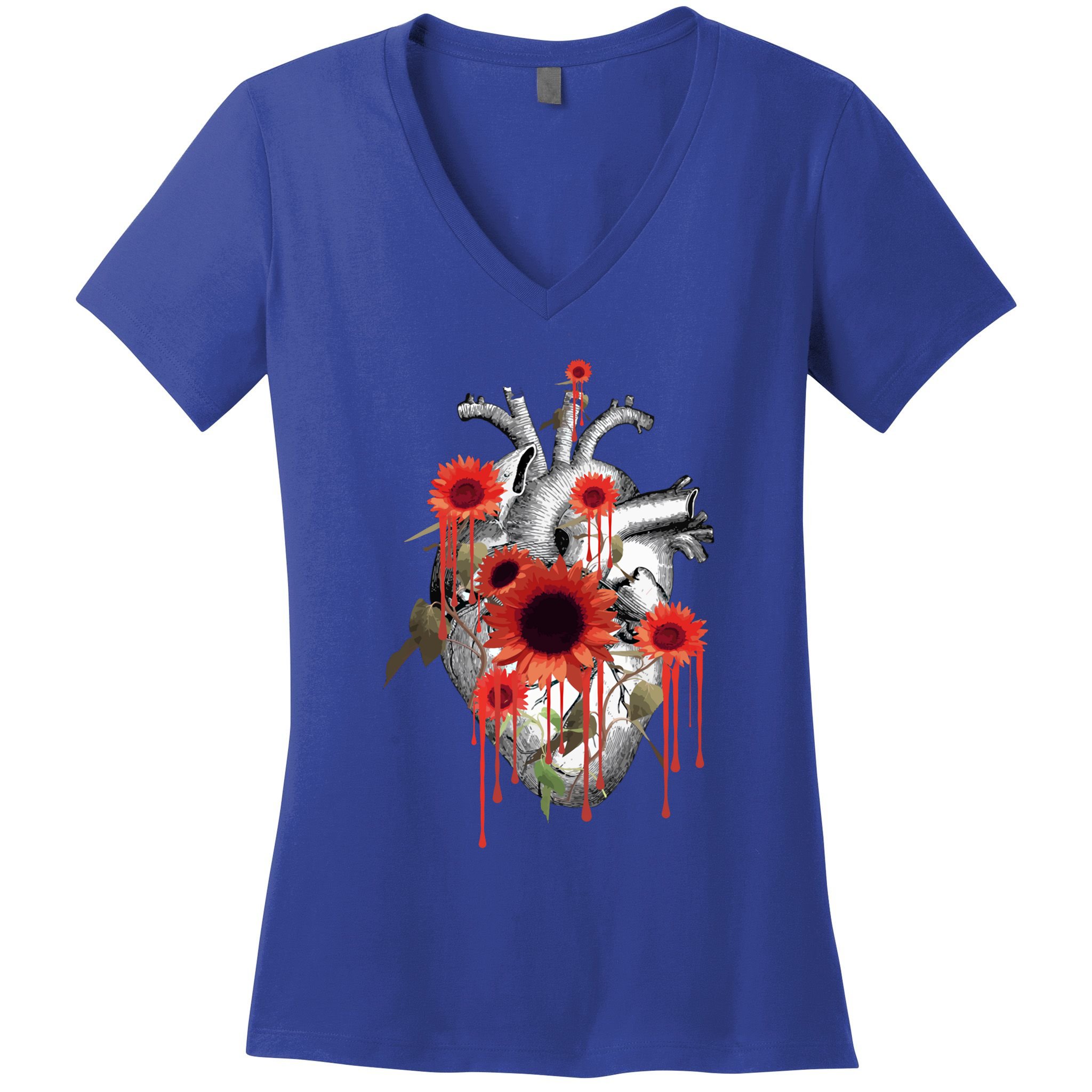 Anatomical Heart With Blood Sunflowers Botany Body Anatomy Gift Women's V-Neck T-Shirt